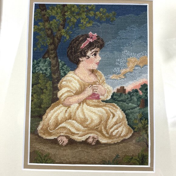 Vintage Framed Petit Point Girl Needlepoint Art Hand-Stitched Wall Decor - Picture 4 of 13